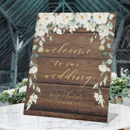 Rustige Wood White Floral Gold Fancy kalligrafie Reclamebord Met Voetstuk