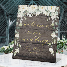 Rustige Wood White Floral Gold Fancy kalligrafie Reclamebord Met Voetstuk