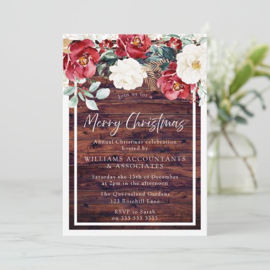 Rustige Wood White Floral Merry Kerstparty Kaart (Staand voorkant)