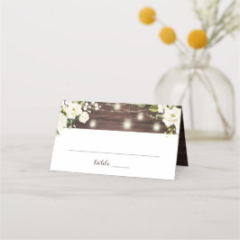 Rustige Wood White Floral String Lights Place Card Plaatskaartje