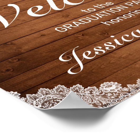 Rustige Wood & White Lace Afstuderen Welkomstparti Poster (Hoek)