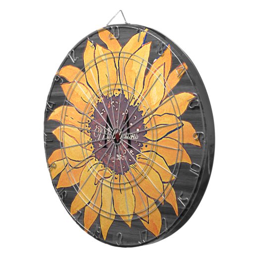 Rustige Wood Zonnebloem Grijs en Geel Dartbord (Voorkant Rechts)