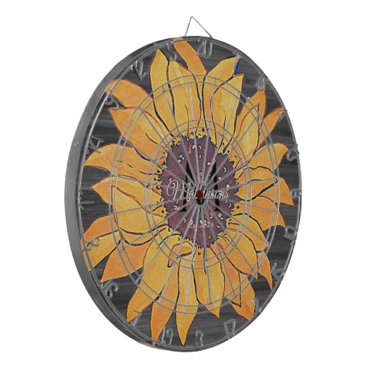 Rustige Wood Zonnebloem Grijs en Geel Dartbord (Voorkant Links)
