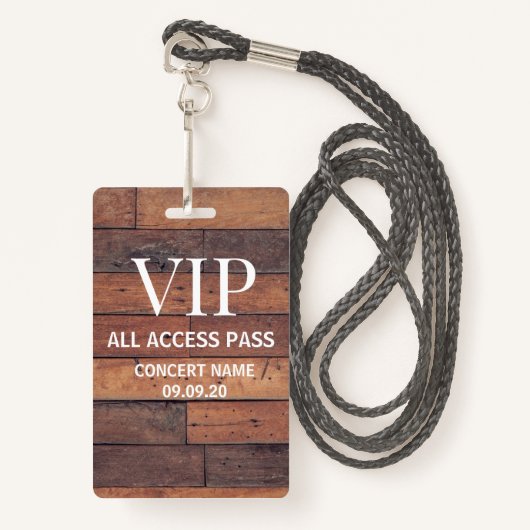 Rustige Wooden Custom Name VIP All Access Pass Badge (Voorkant met draagriem)