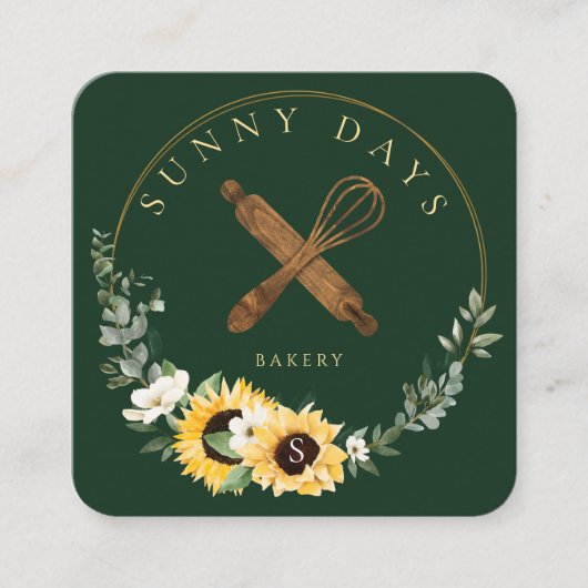 Rustige Wooden Rolling Pin Yellow Sunflower Bakery Vierkante Visitekaartje (Voorkant)