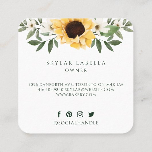 Rustige Wooden Rolling Pin Yellow Sunflower Bakery Vierkante Visitekaartje (Achterkant)