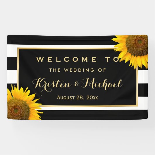Rustige Yellow Sunflower Black White Wedding Party Spandoek (Horizontaal)