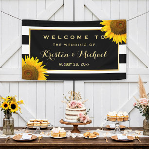 Rustige Yellow Sunflower Black White Wedding Party Spandoek