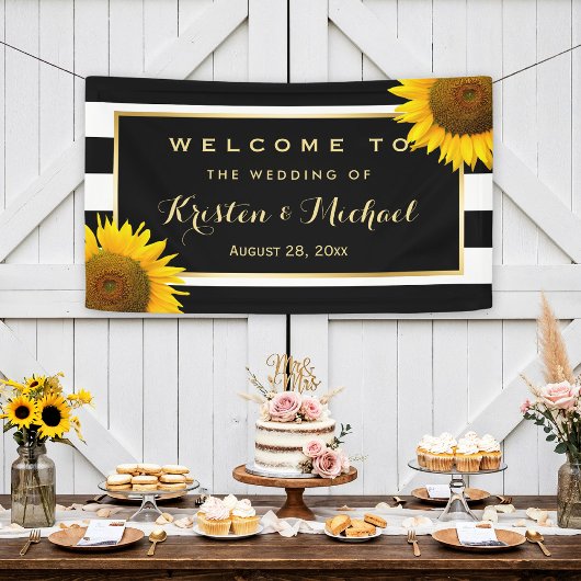 Rustige Yellow Sunflower Black White Wedding Party Spandoek