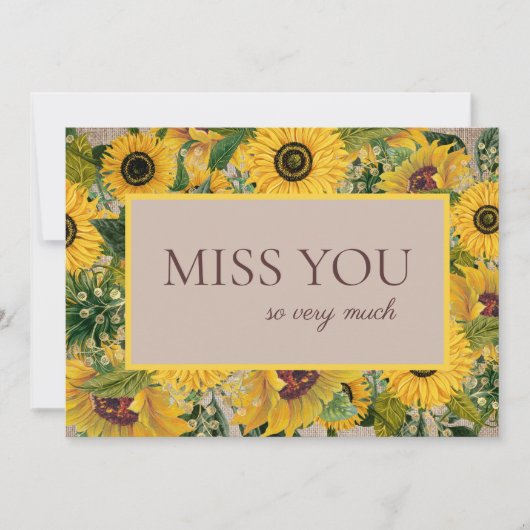Rustige Yellow Sunflower Burlap Script Miss You Bedankkaart (Voorkant)