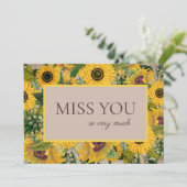 Rustige Yellow Sunflower Burlap Script Miss You Bedankkaart (Staand voorkant)