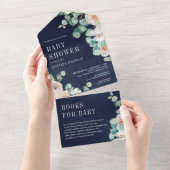 Rustige Zachte Rozen Eucalyptus Navy Blue Baby sho All In One Uitnodiging (Afscheurbaar)