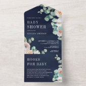 Rustige Zachte Rozen Eucalyptus Navy Blue Baby sho All In One Uitnodiging (Binnen)