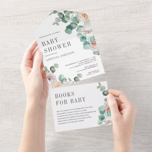 Rustige Zachte Rozen EucalyptusBaby shower All In One Uitnodiging (Afscheurbaar)