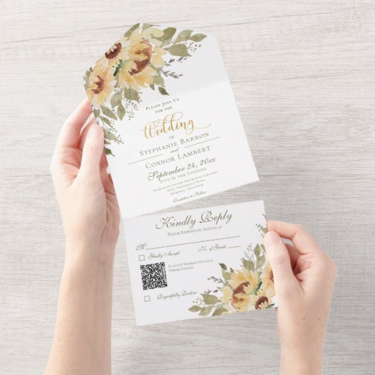 Rustige Zachte Zonnebloemen QR-code All In One Uitnodiging (Afscheurbaar)