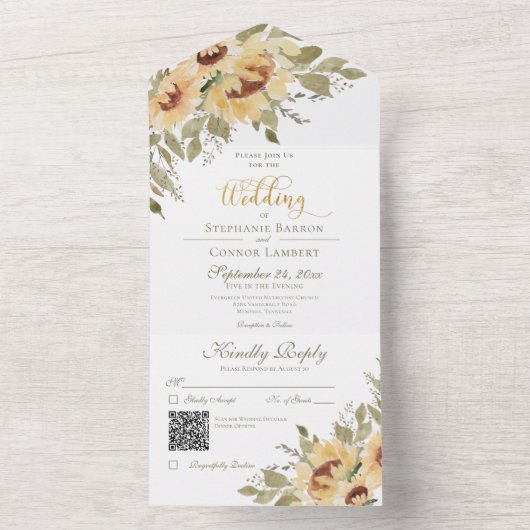 Rustige Zachte Zonnebloemen QR-code All In One Uitnodiging (Binnen)