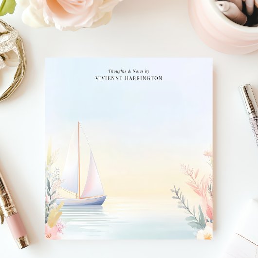 Rustige zeilboot Waterverf Floral gepersonaliseerd Notitieblok