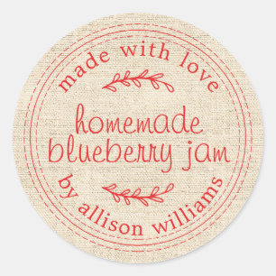 Rustige zelfgemaakte jam inmaak rode script linnen ronde sticker