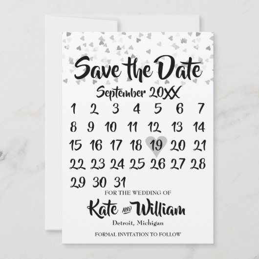 Rustige Zilveren Hart Kalender Bewaar de Datum Save The Date (Voorkant)