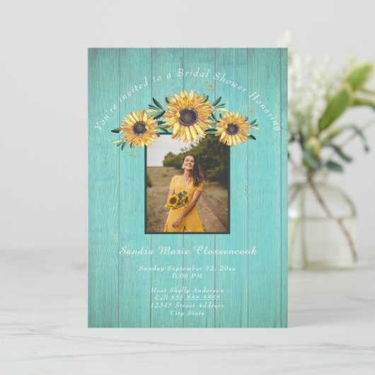 Rustige zonnebloem Aqua Wood Wedding Vrijgezellenf Kaart (Staand voorkant)