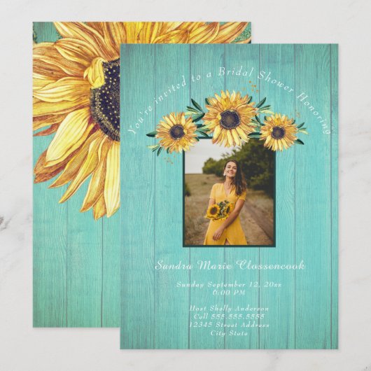 Rustige zonnebloem Aqua Wood Wedding Vrijgezellenf Kaart (Voorkant / Achterkant)