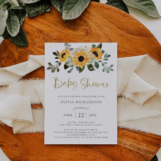 Rustige zonnebloem | Baby shower- en Gold-script Kaart