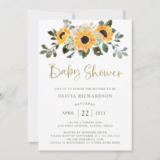 Rustige zonnebloem | Baby shower- en Gold-script Kaart (Voorkant)
