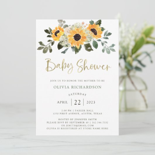 Rustige zonnebloem | Baby shower- en Gold-script Kaart (Staand voorkant)