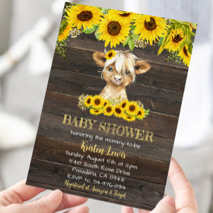 Rustige zonnebloem Baby shower Koe Highland Kaart