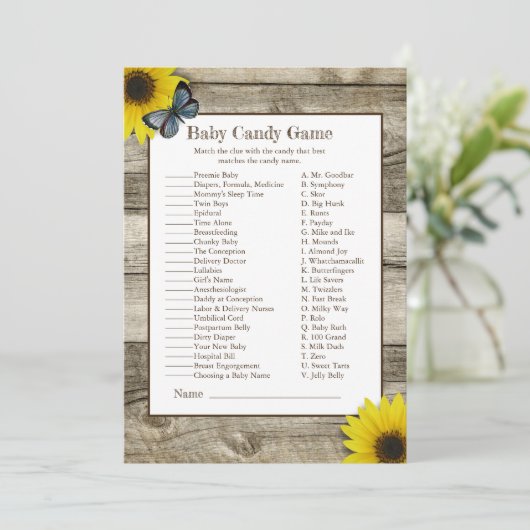 Rustige zonnebloem Baby shower Snoep Kaart (Staand voorkant)