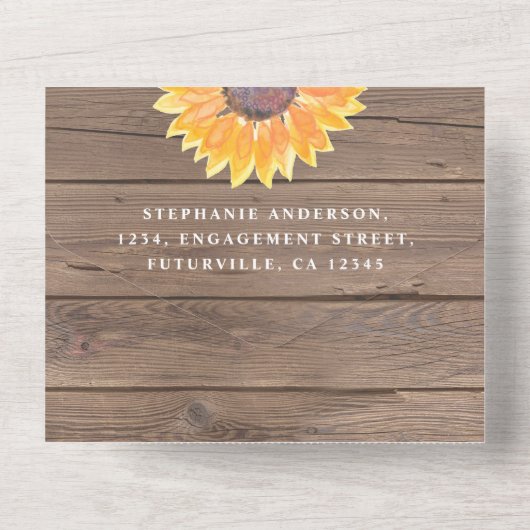 Rustige zonnebloem - Barn Wood Wedding All In One Uitnodiging (Achterkant)