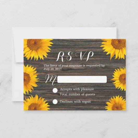 Rustige Zonnebloem Barn Wood Wedding RSVP Kaartje (Voorkant)