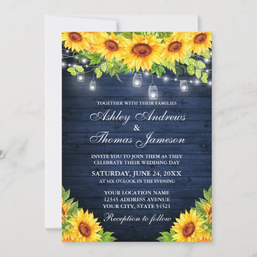 Rustige zonnebloem Blauw hout Mason Jar Lichten Kaart (Voorkant)