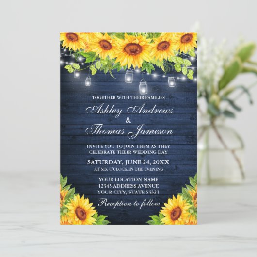 Rustige zonnebloem Blauw hout Mason Jar Lichten Kaart (Staand voorkant)