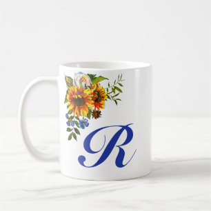 Rustige zonnebloem Blauw Monogram Koffiemok
