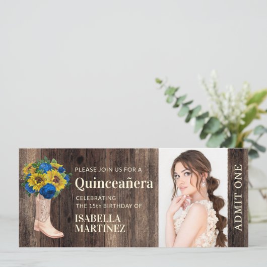 Rustige zonnebloem Blauw Roos Boot Quinceañera Tic Kaart (Staand voorkant)
