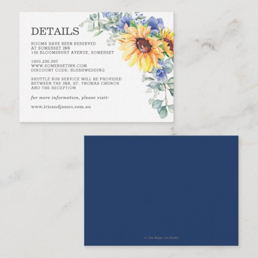 Rustige zonnebloem Blauwe Floral Wedding Details Informatiekaartje (Voorkant / Achterkant)