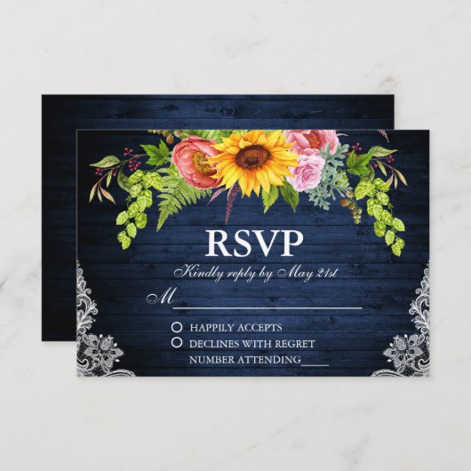 Rustige zonnebloem Blauwe Hout Berichten RSVP Kaartje (Voorkant / Achterkant)