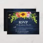 Rustige zonnebloem Blauwe Hout Weddenschap RSVP Kaartje (Voorkant / Achterkant)