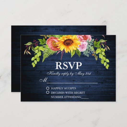 Rustige zonnebloem Blauwe Hout Weddenschap RSVP Kaartje (Voorkant / Achterkant)