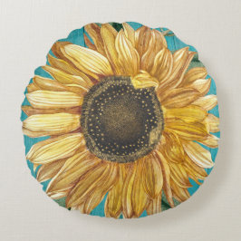 Rustige zonnebloem Blauwgroen Blauwe Barn Katoen Rond Kussen
