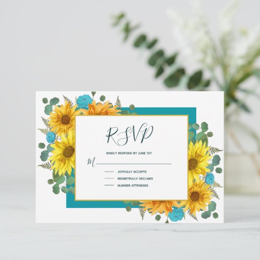 Rustige Zonnebloem Blauwgroen Blauwe Rozen Land We RSVP Kaartje (Staand voorkant)