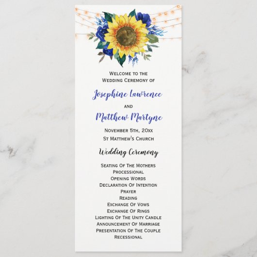 Rustige zonnebloem Blue Floral Wedding Programmakaart (Voorkant)