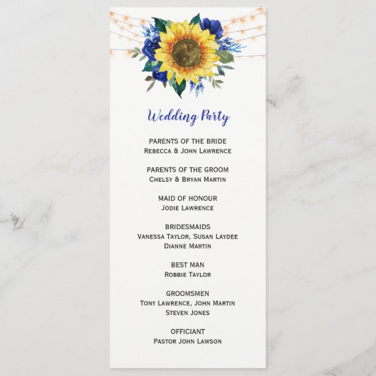 Rustige zonnebloem Blue Floral Wedding Programmakaart (Achterkant)