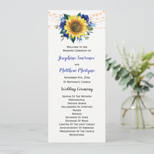 Rustige zonnebloem Blue Floral Wedding Programmakaart (Staand voorkant)