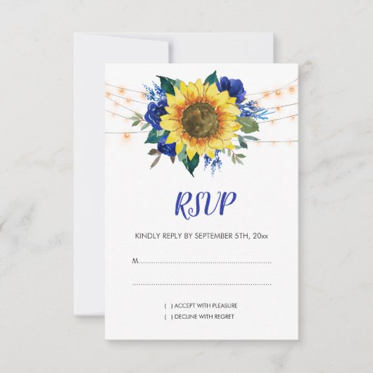 Rustige zonnebloem Blue Floral Wedding RSVP Kaartje (Voorkant)