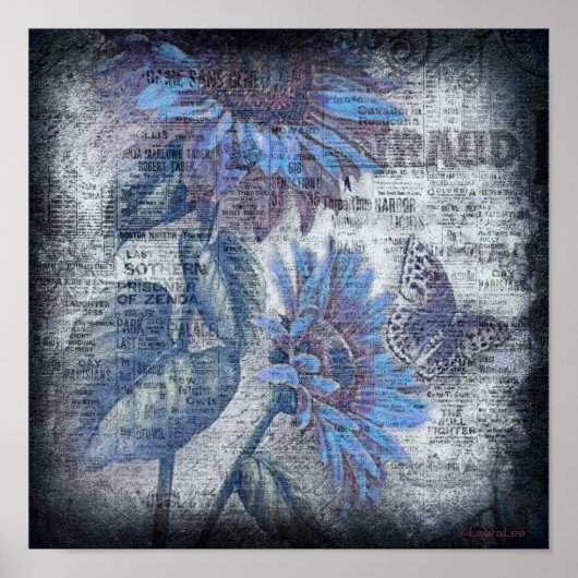 Rustige zonnebloem Boterfly Blue Ephemera Grunge Poster (Voorkant)