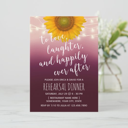 Rustige Zonnebloem Bourgogne Red Rehearsal Dinner Kaart (Staand voorkant)