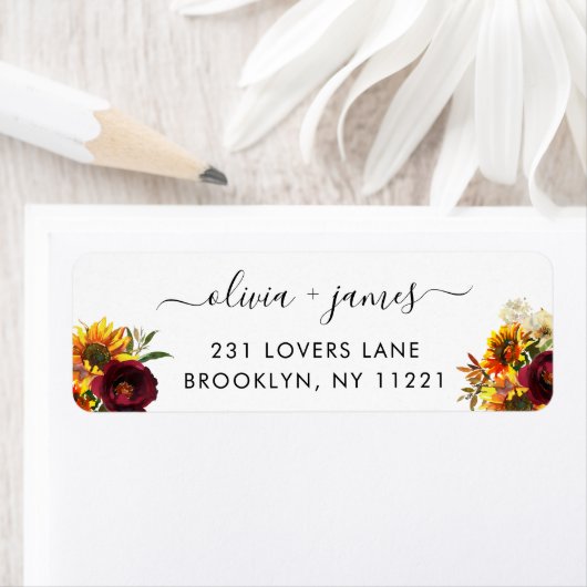 Rustige Zonnebloem Bourgogne Roos Floral Waterverf Etiket (Insitu)