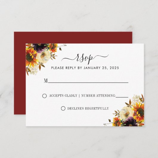 Rustige zonnebloem Bourgogne Roos Moderne bruiloft RSVP Kaartje (Voorkant / Achterkant)